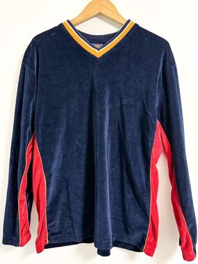 Route 66 Velour V-Neck Sweatshirt L Navy Red Retro Varsity